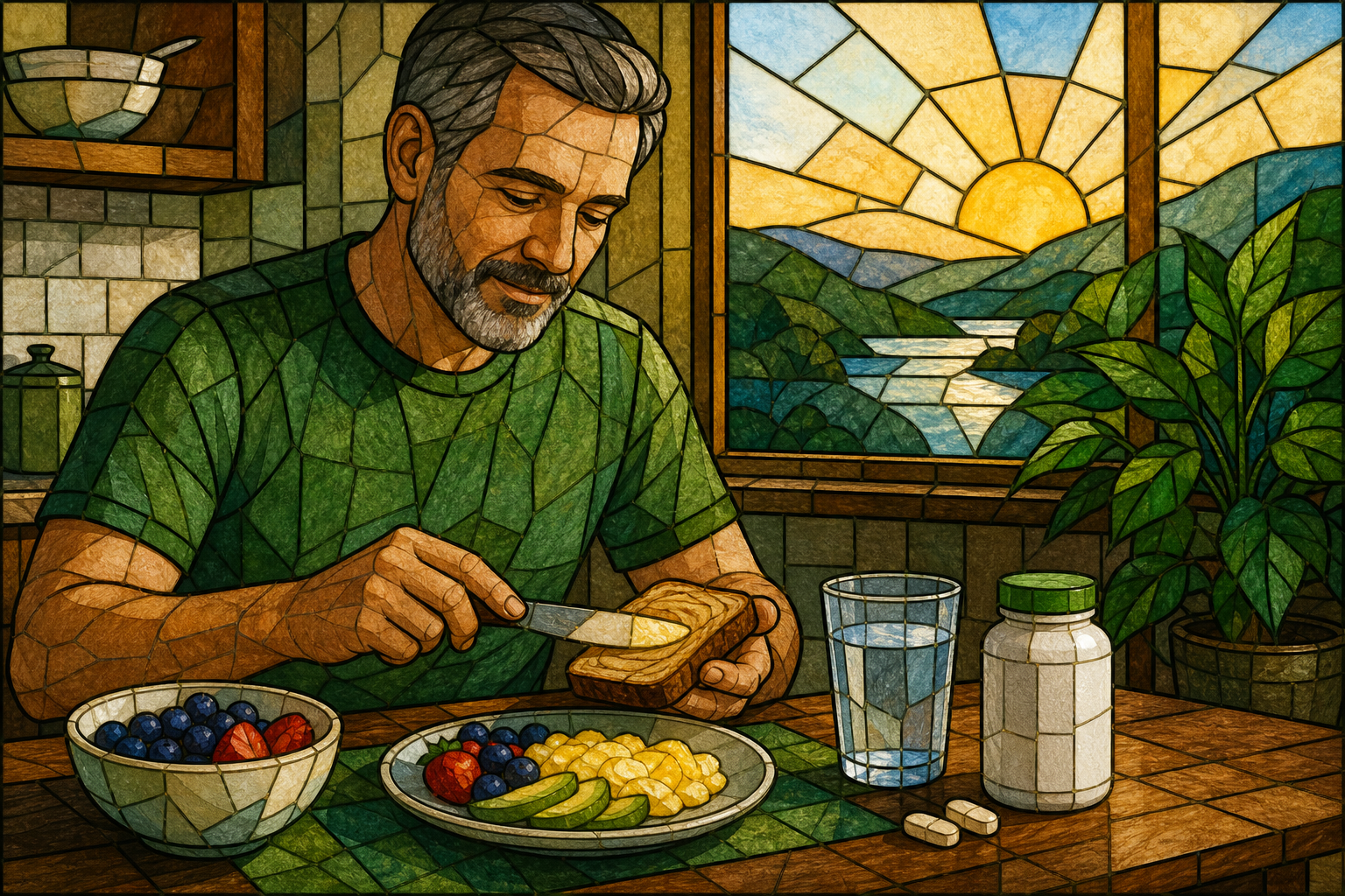 morning wellness routine with prostate supplement beside breakfast foods