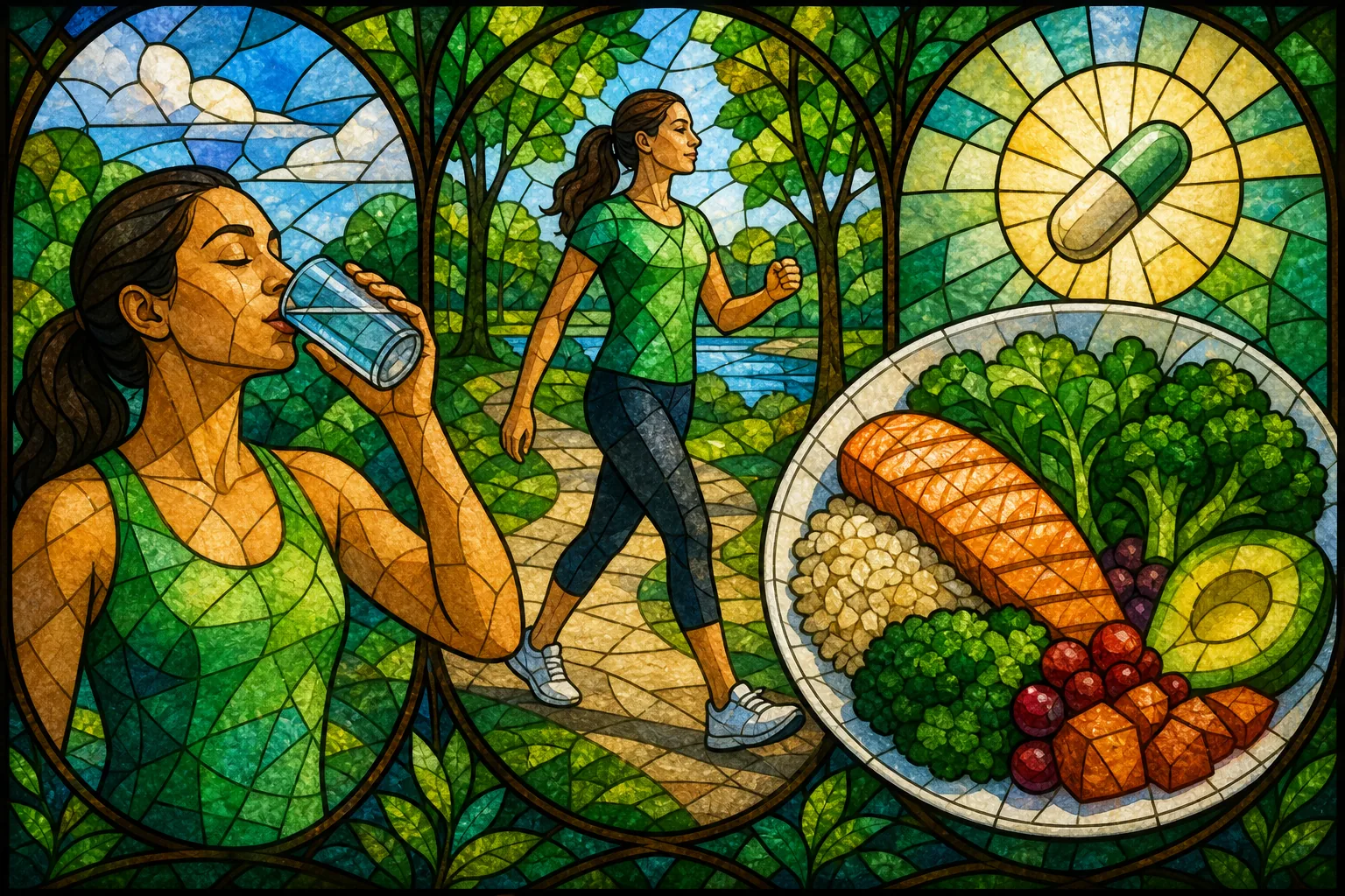 Full lifestyle elements supporting weight loss, illustrated in stained glass style.