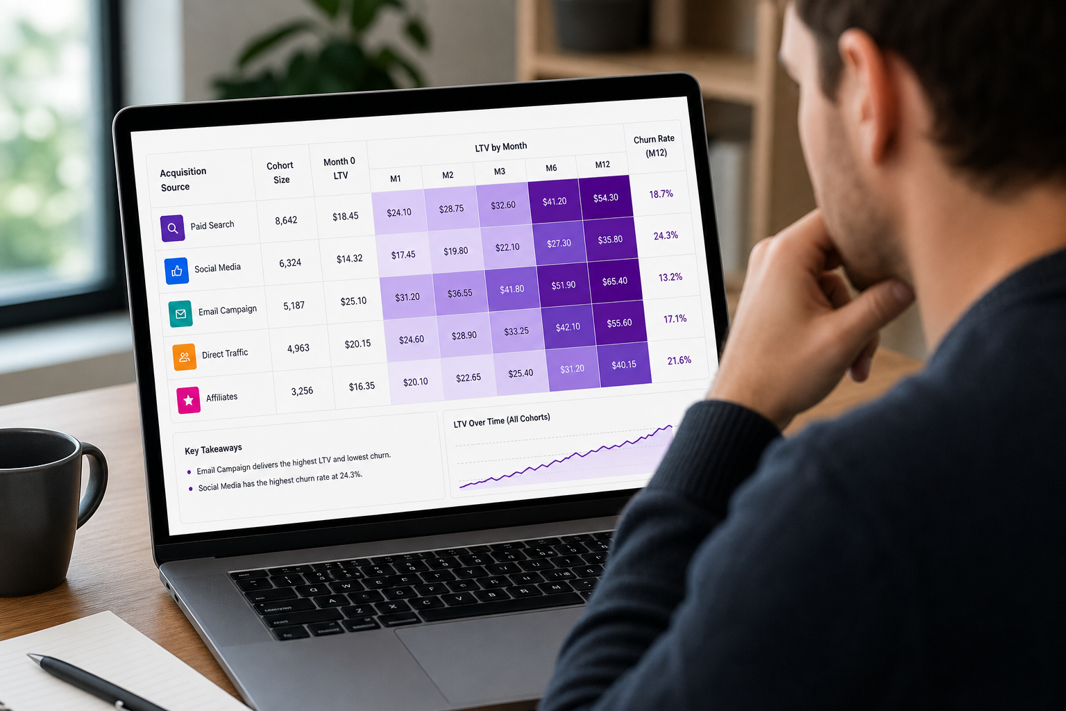 A photorealistic scene of a data analyst looking at a laptop screen displaying a cohort table with sources, LTV, and churn