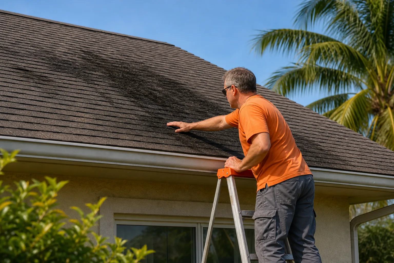 A realistic view of a homeowner standing on a ladder, inspecting black algae streaks on a shingle roof, with clear sky and