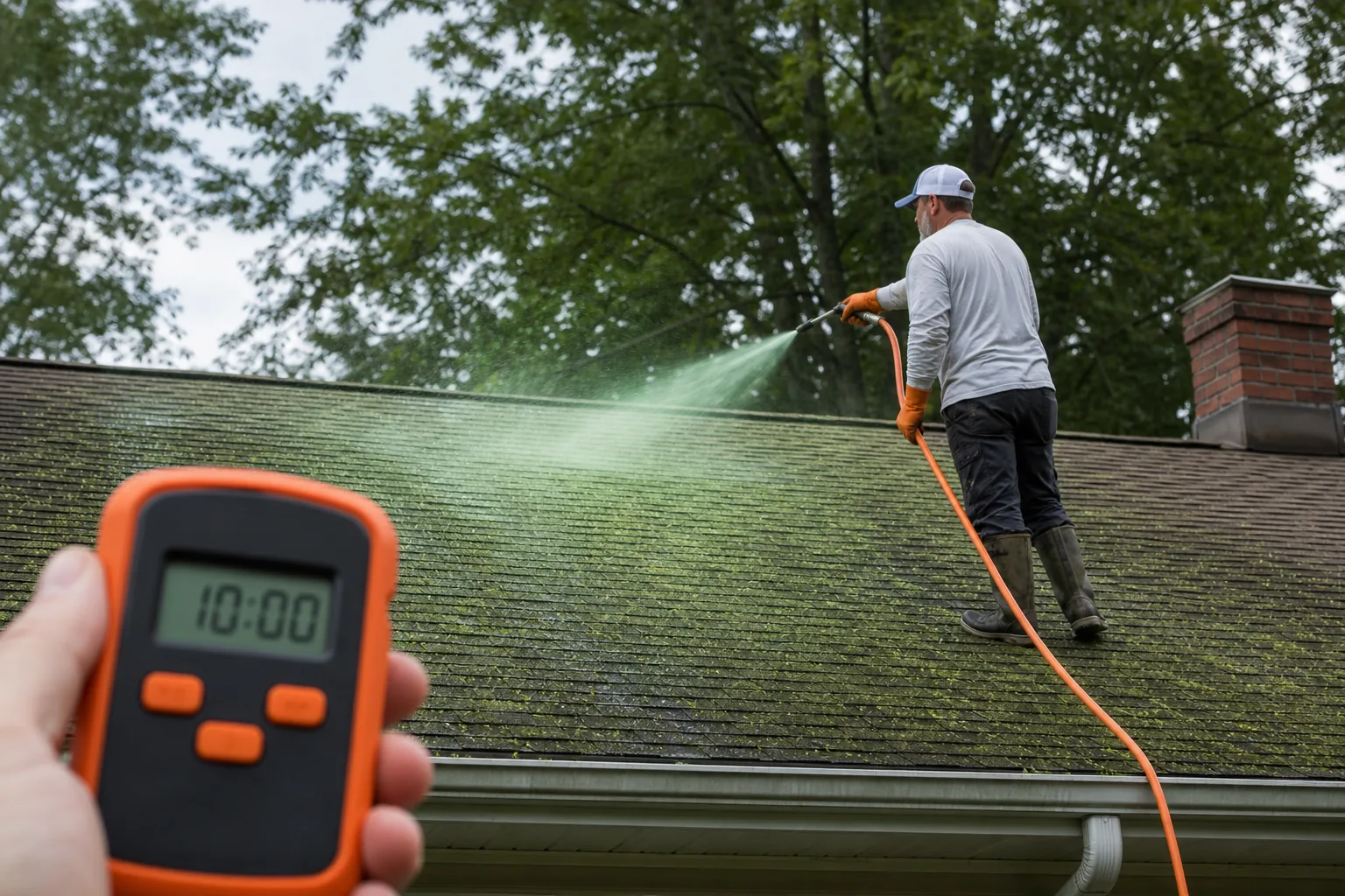 A realistic scene of a soft‑wash pump spraying a faint green solution over a roof, with a timer showing 10 minutes on a