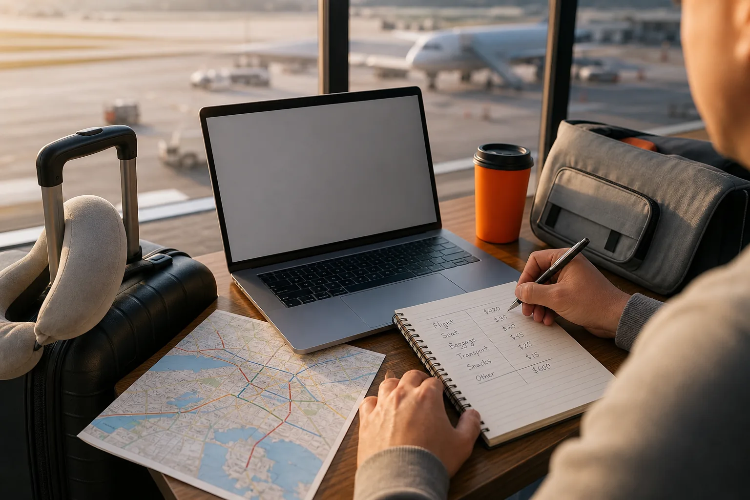 traveler calculating airfare baggage and airport transport for the true cost of a flight.