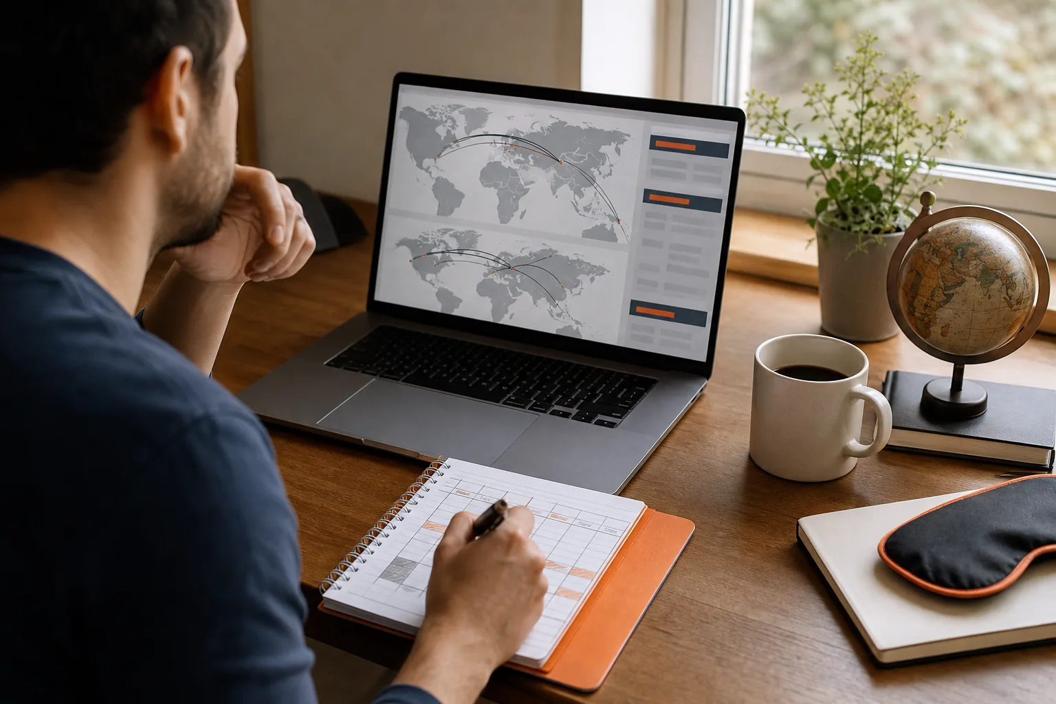 traveler comparing business class flight budgets and flexible routes