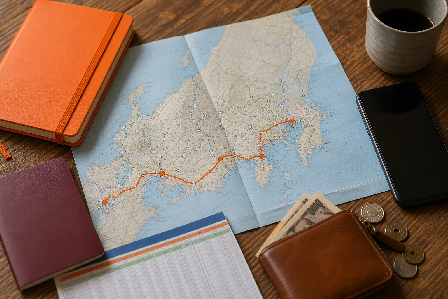 Japan itinerary route map from Tokyo to Hakone, Kyoto, and Osaka.