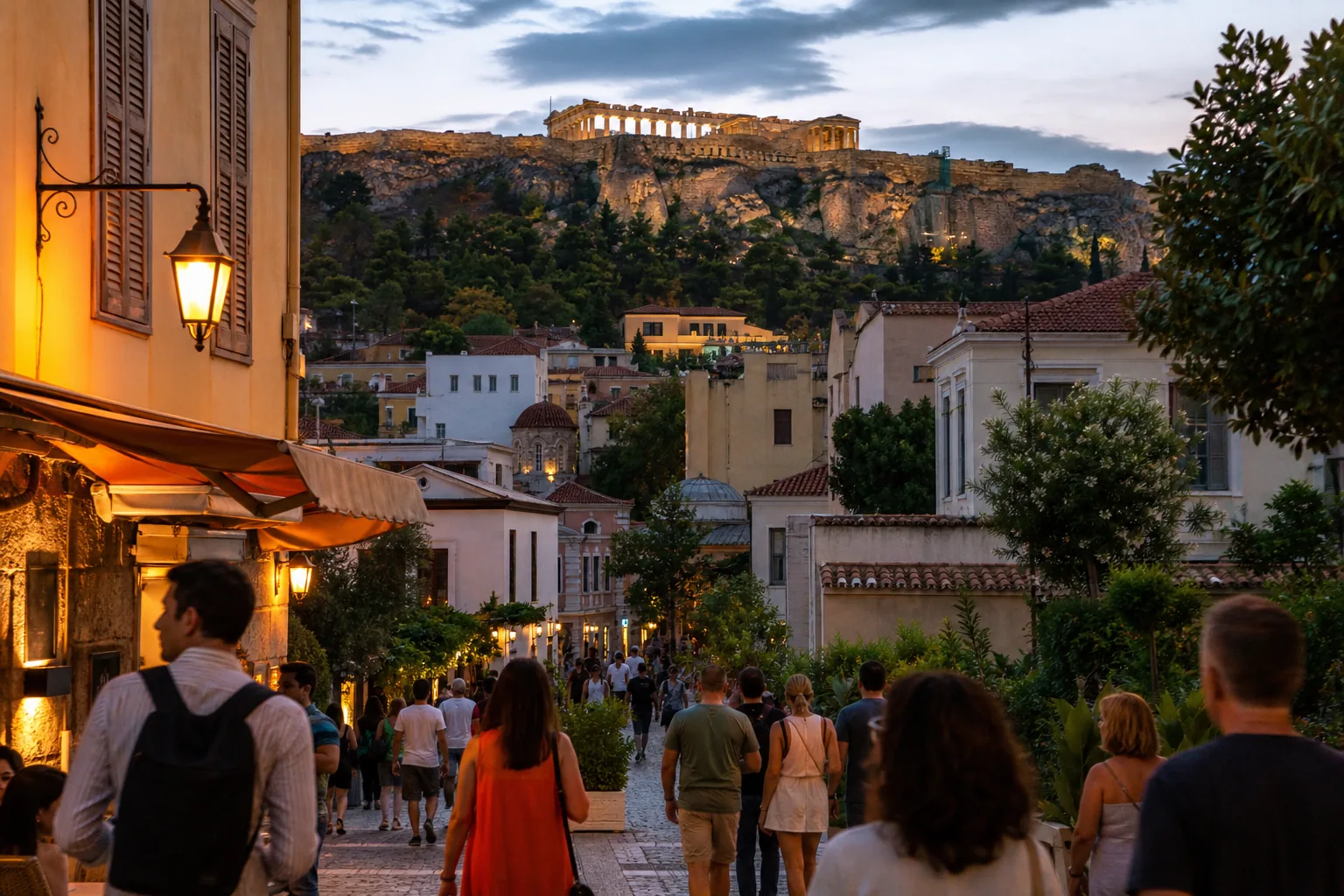 Athens arrival evening near Plaka with the Acropolis