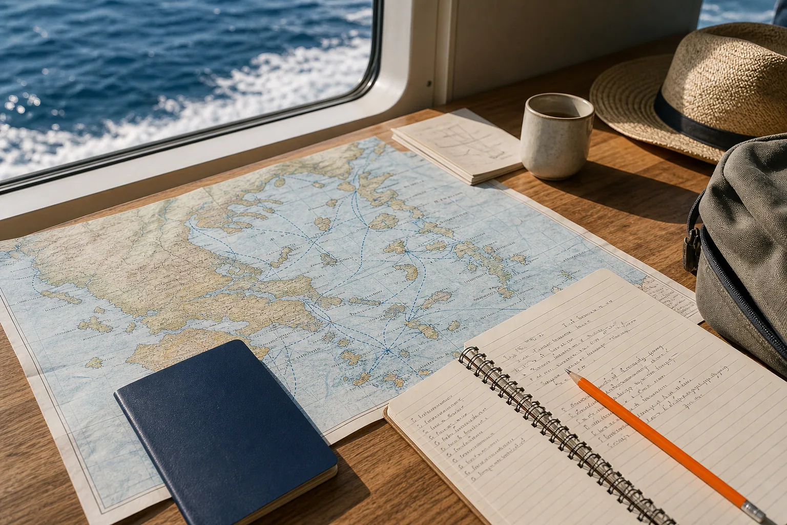 planning a Greek islands itinerary with a map and ferry route notes.
