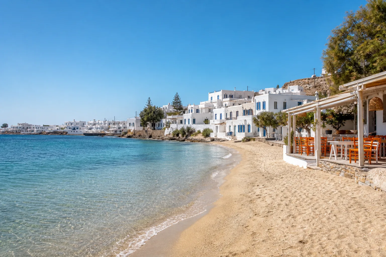 Naxos island beach and village during a Greece 10 day itinerary.