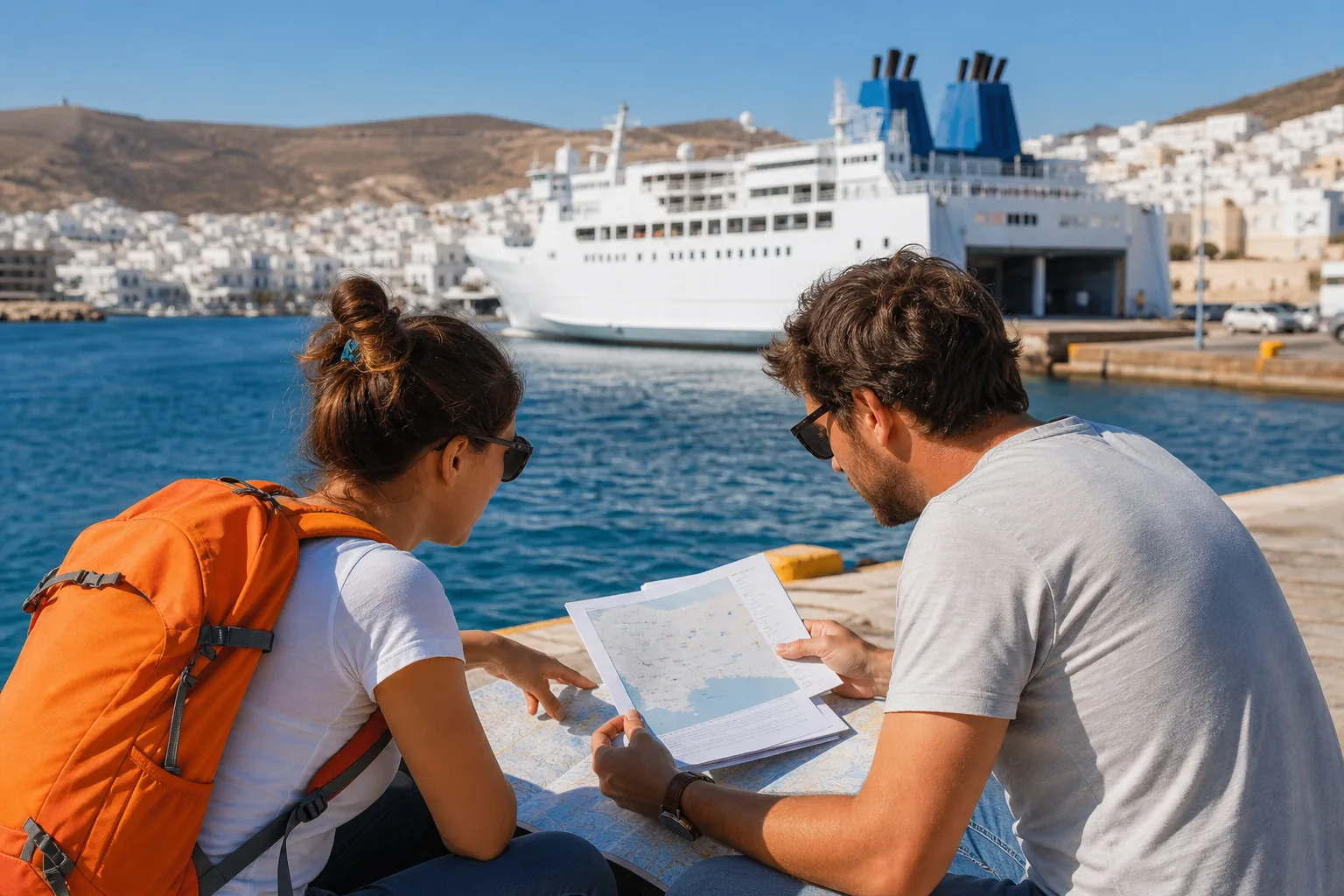 Greece ferry and accommodation planning beside a port