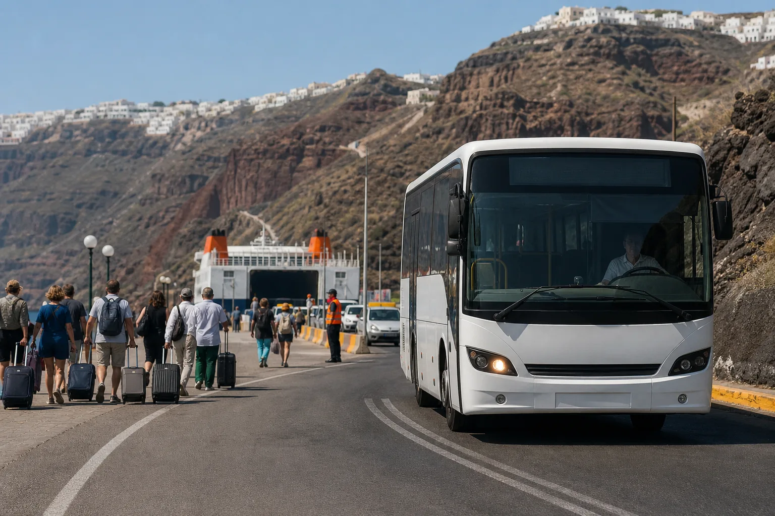 Santorini transportation at a ferry port.