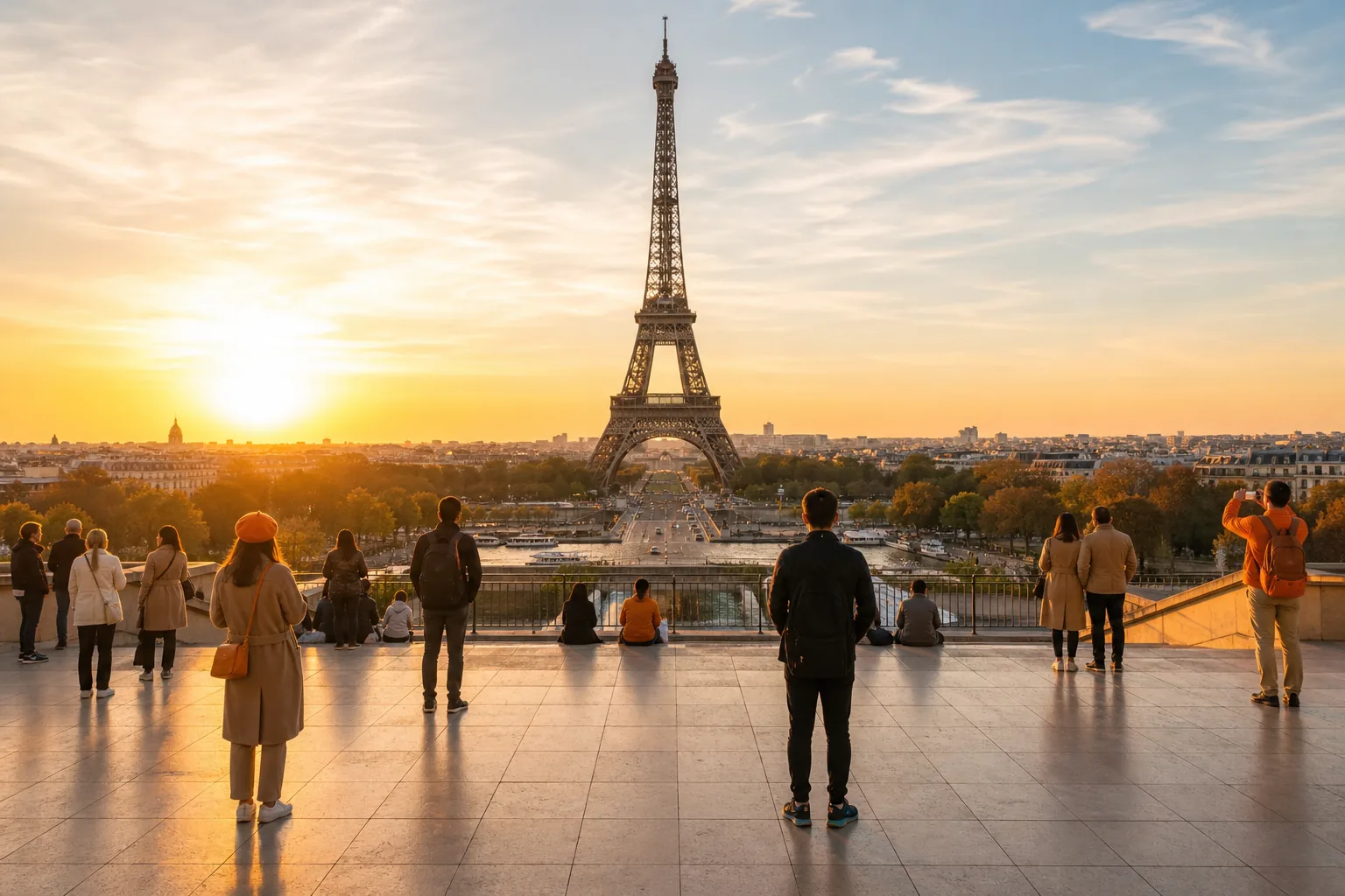 Eiffel Tower from Trocadéro at golden hour in Paris.