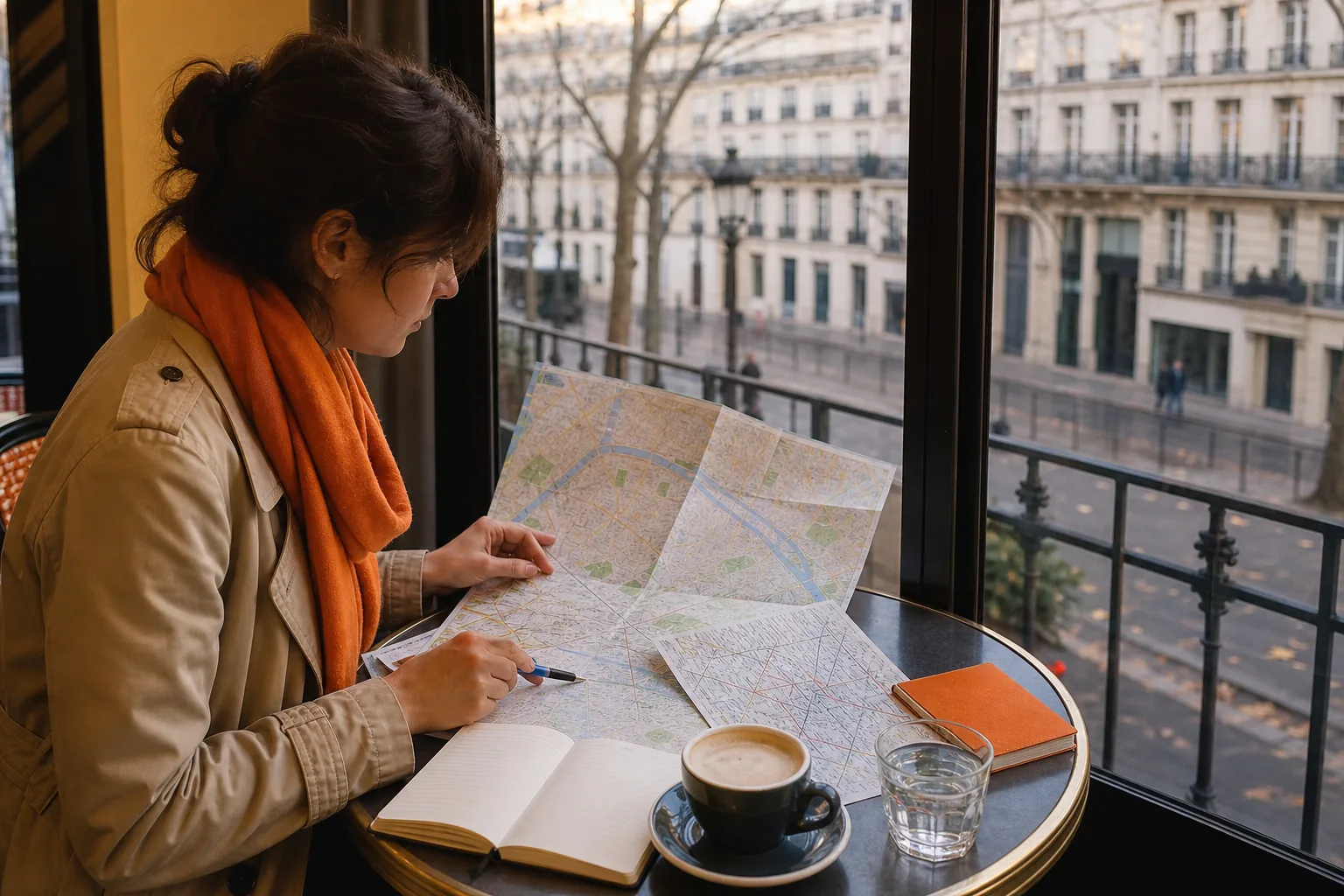 Paris itinerary three days route planning with map and budget notebook.