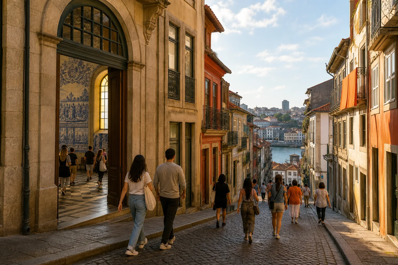 Porto historic center itinerary with São Bento tiles and Ribeira streets.