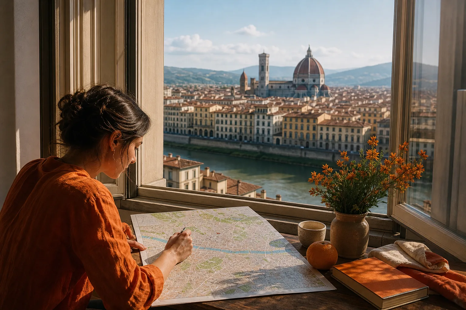 Florence itinerary planning map with Duomo and Arno