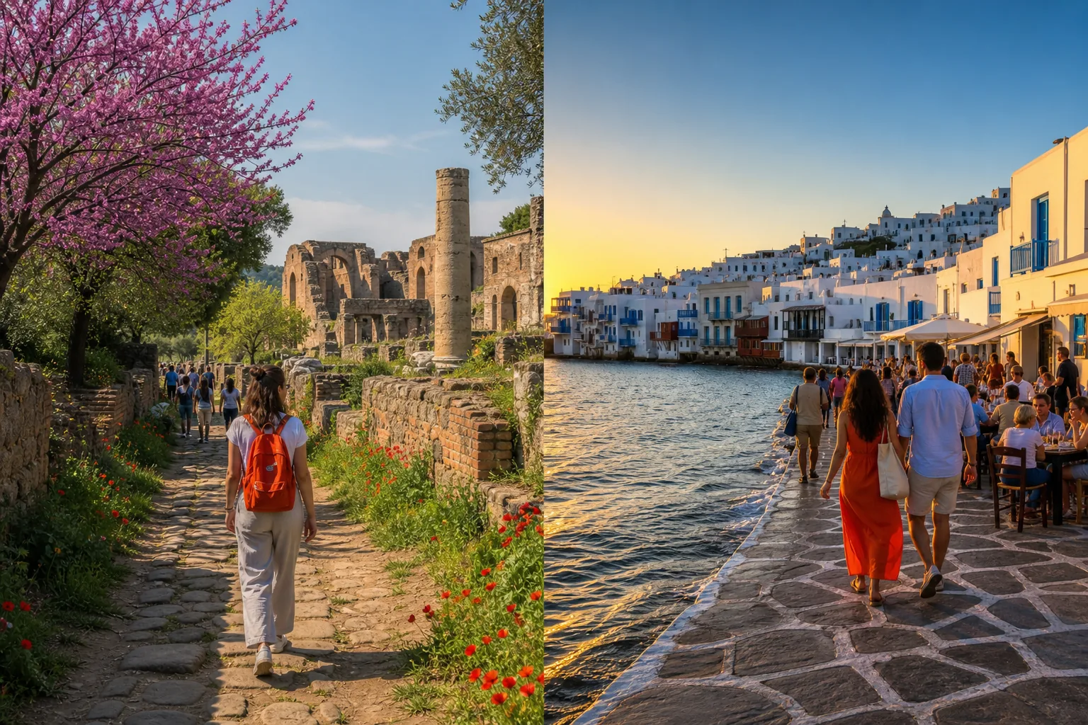 Italy and Greece travel seasons comparison for spring, summer, and fall