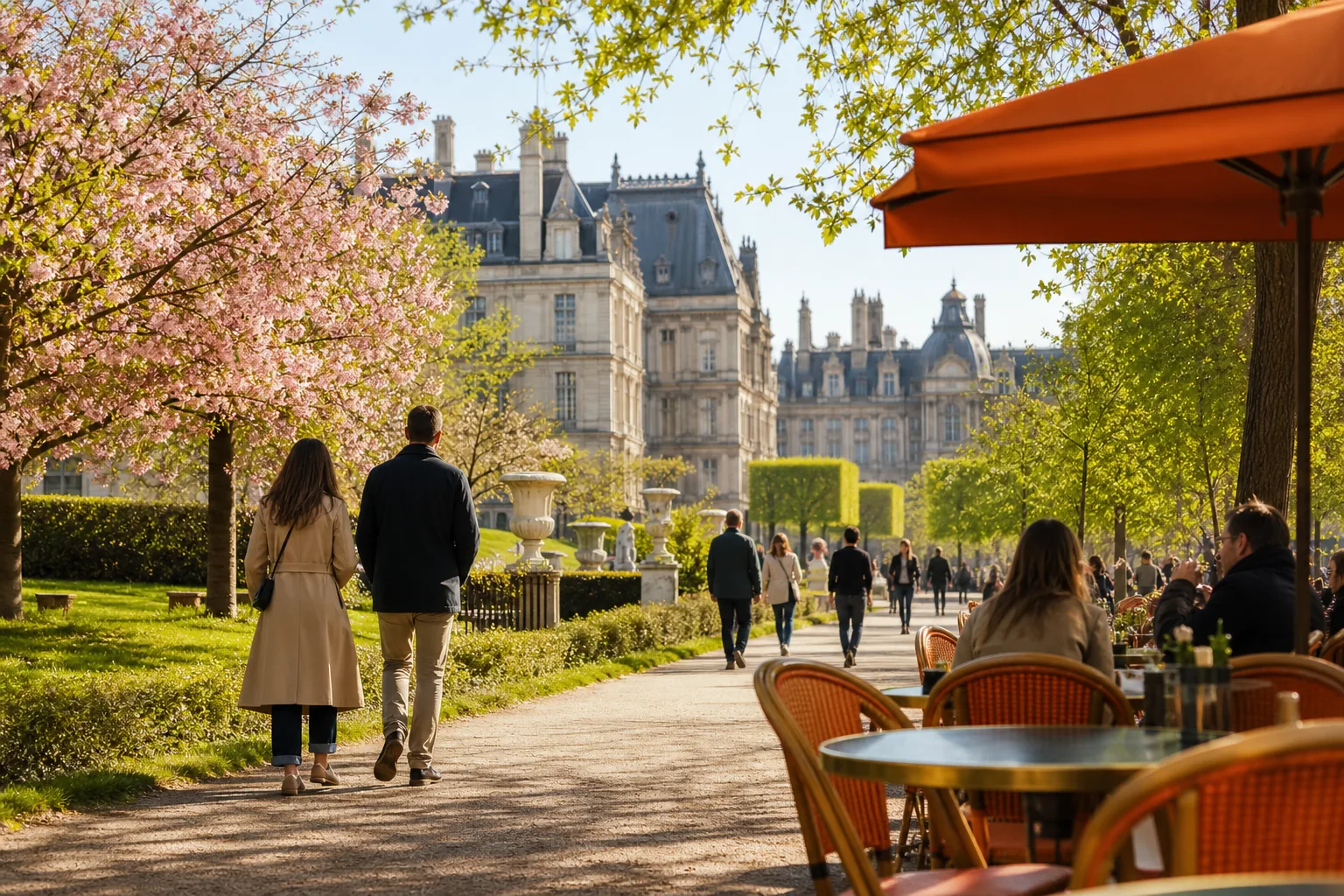 Spring travel in Paris with mild weather and quiet garden paths.