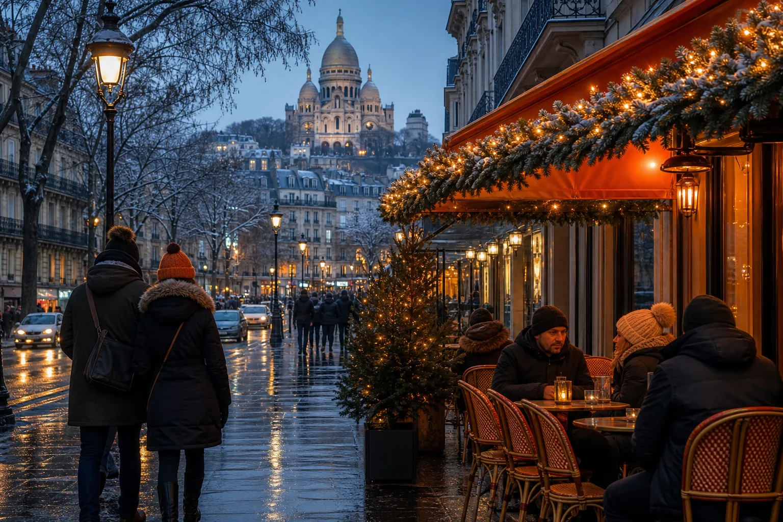 Winter visit to Paris with Christmas lights and cool rainy weather.