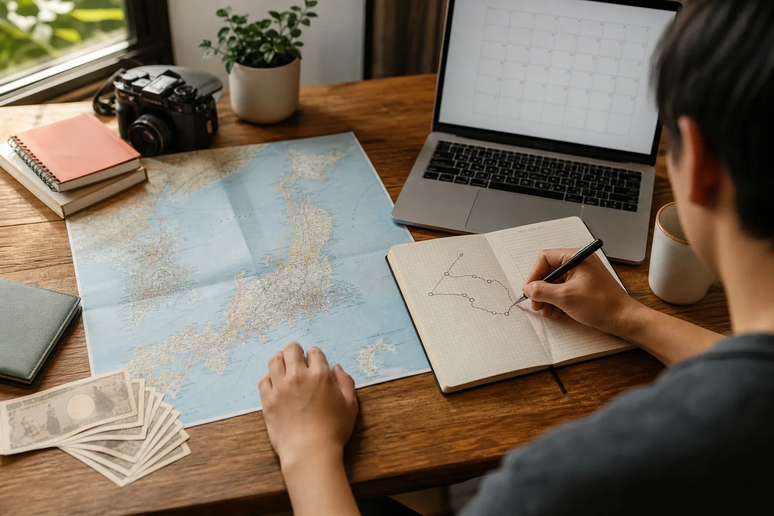 Planning Japan trip dates budget and itinerary at a desk.