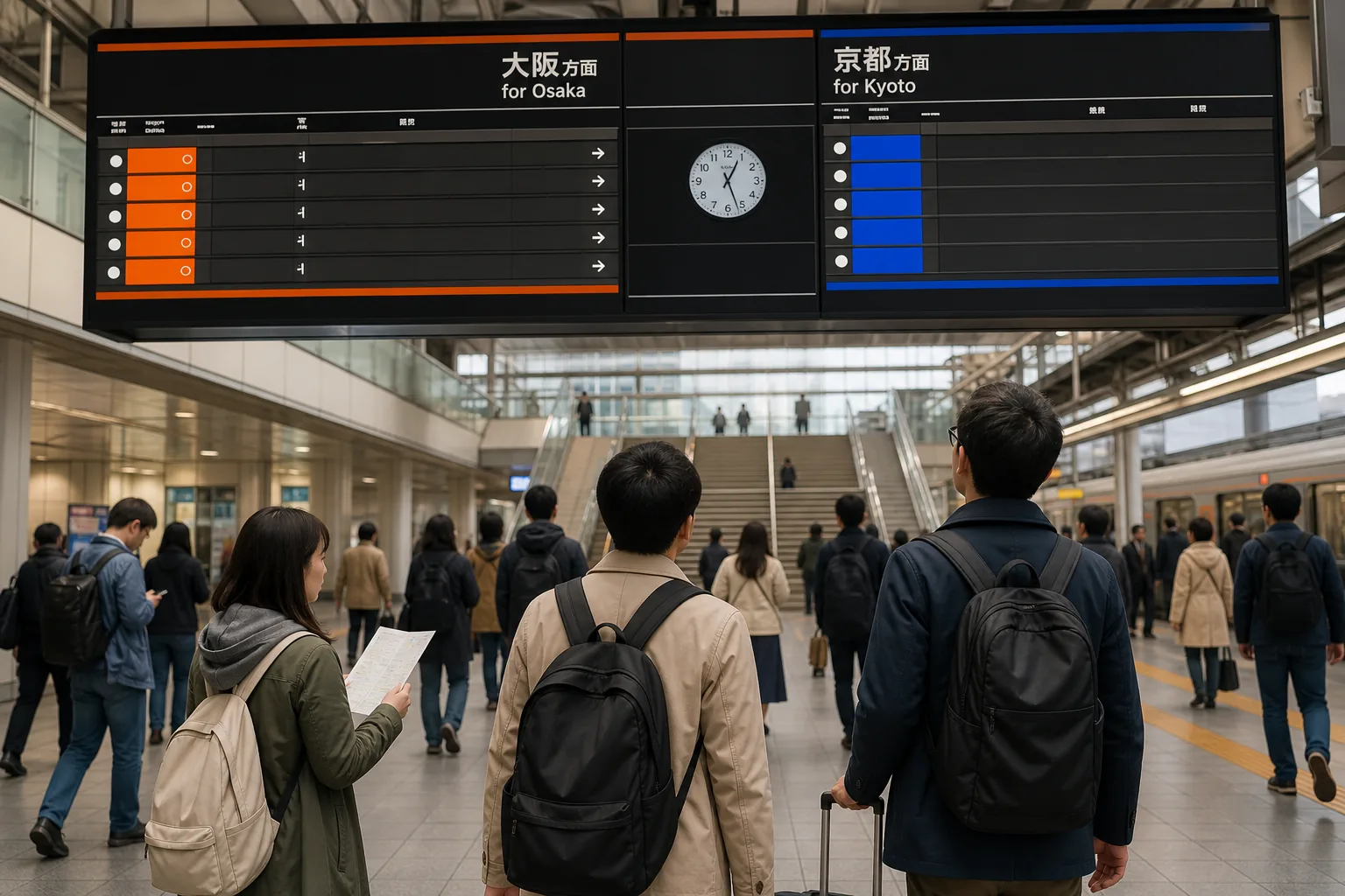 Travelers choosing a train from Osaka to Kyoto at a Japanese station