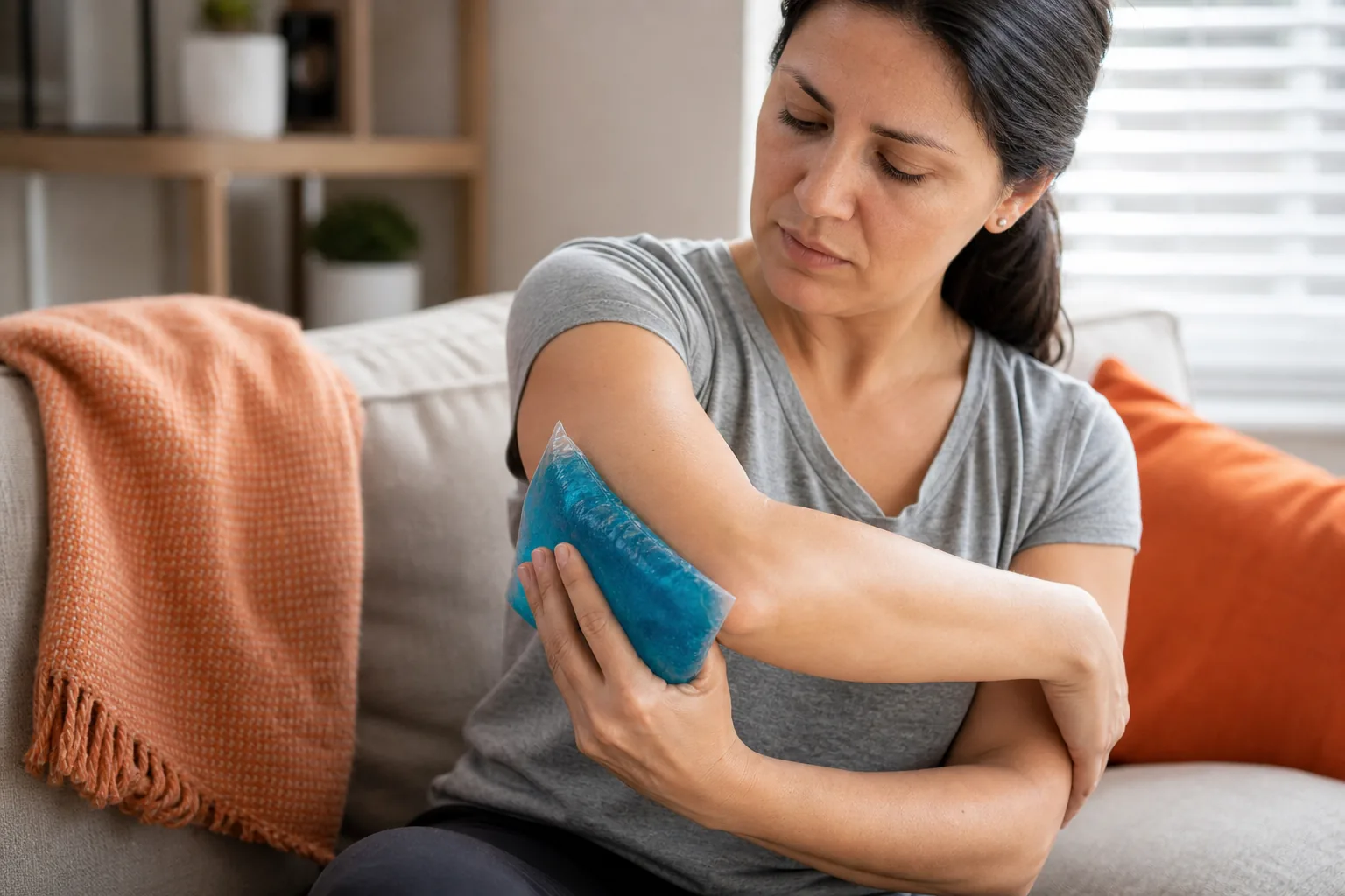 person applying ice pack to elbow for pain relief