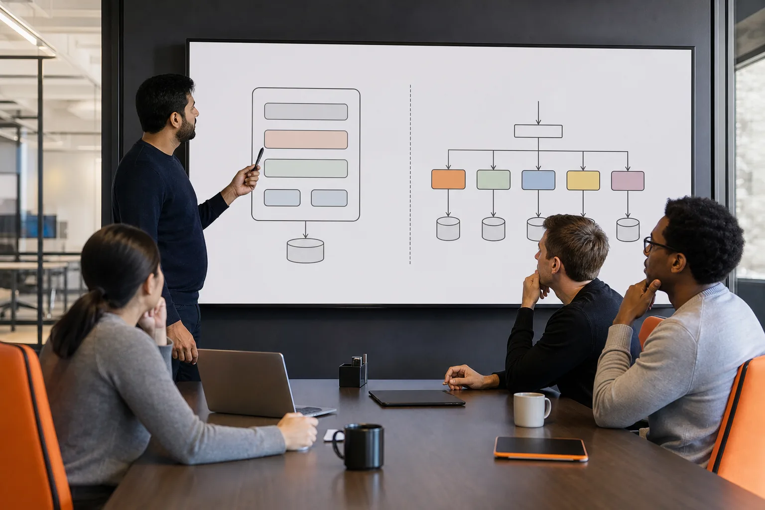 Developers reviewing architecture options for a growing business