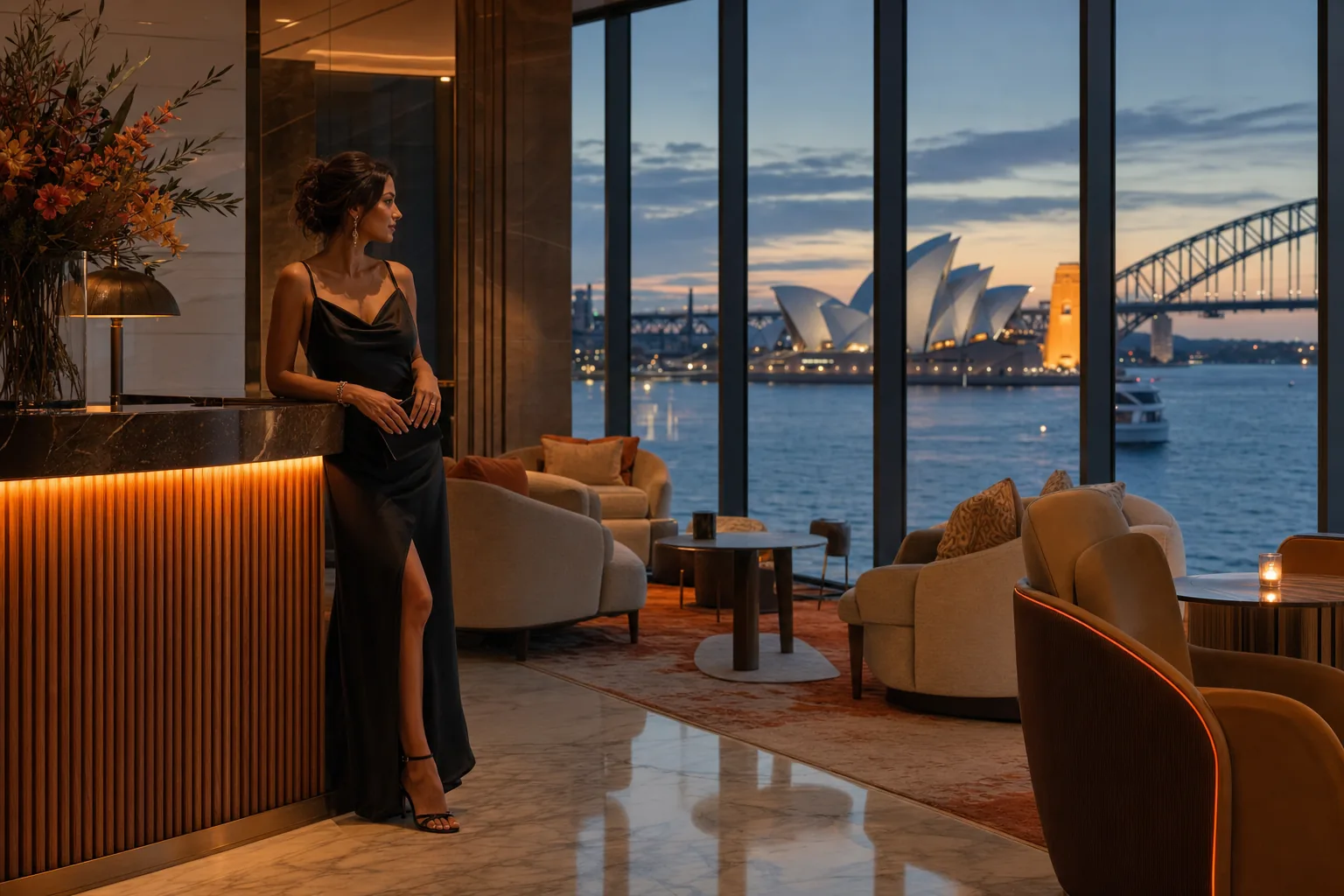 Discreet vetted adult companion service in Sydney hotel lounge