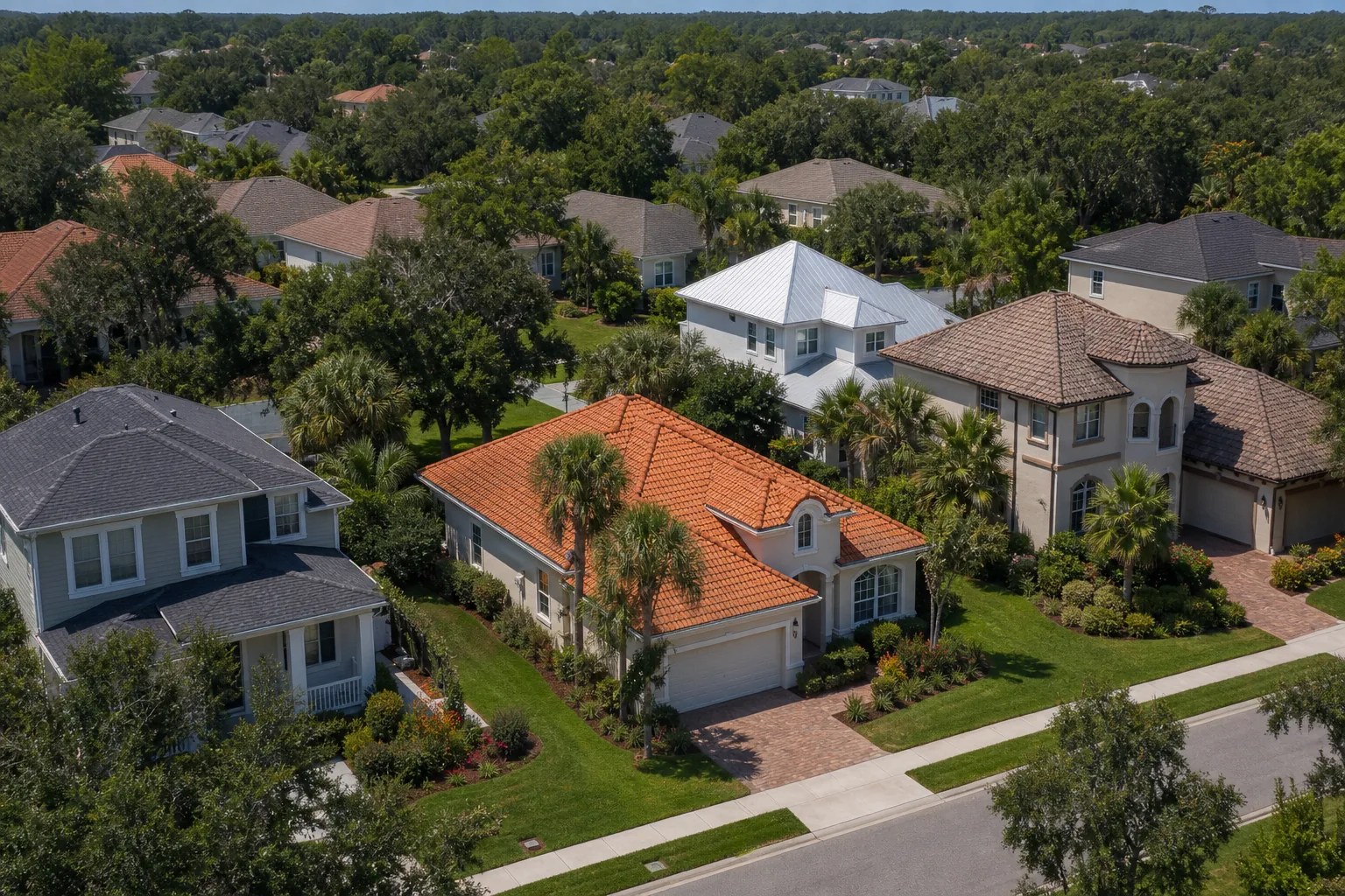 A realistic aerial view of a Central Florida neighborhood showing houses with varied siding materials and lush landscaping