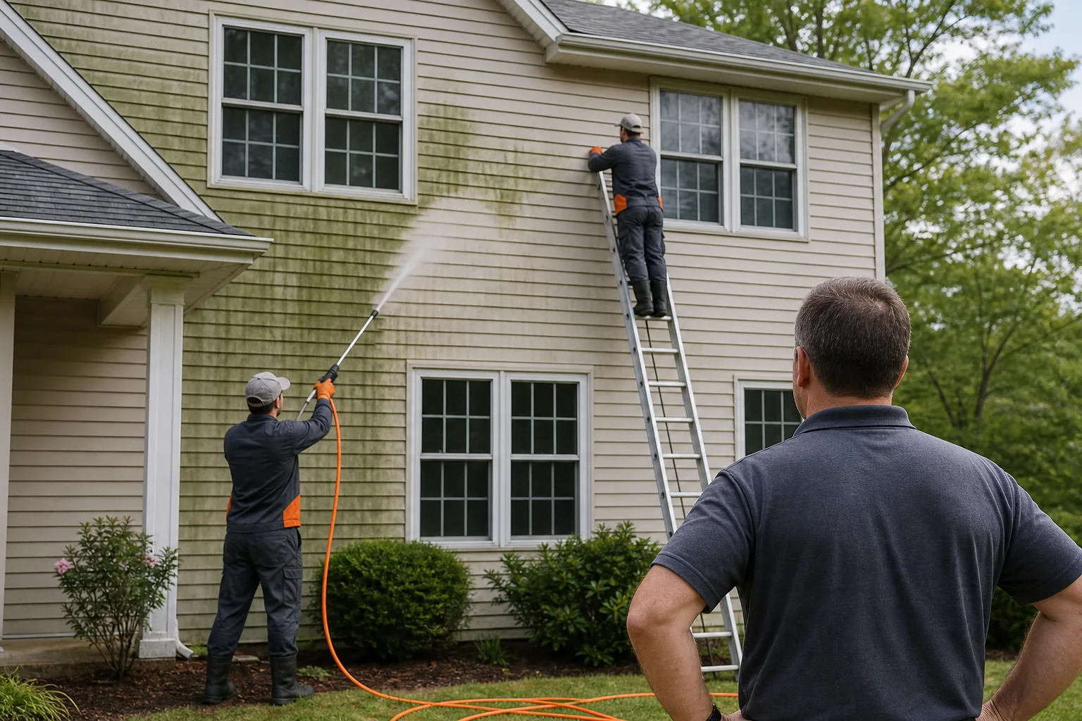 A realistic scene of a homeowner watching a crew gently soft‑wash a two‑story house, with visible green algae being removed