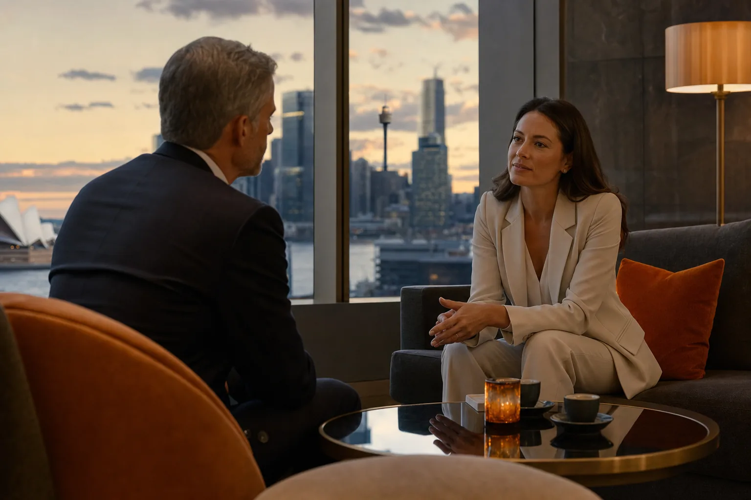 discreet corporate retreat companion meeting in Sydney hotel lounge