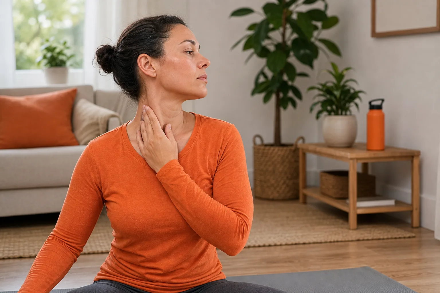 A realistic illustration of a person checking neck movement safety, showing a calm home setting, focusing on neck alignment