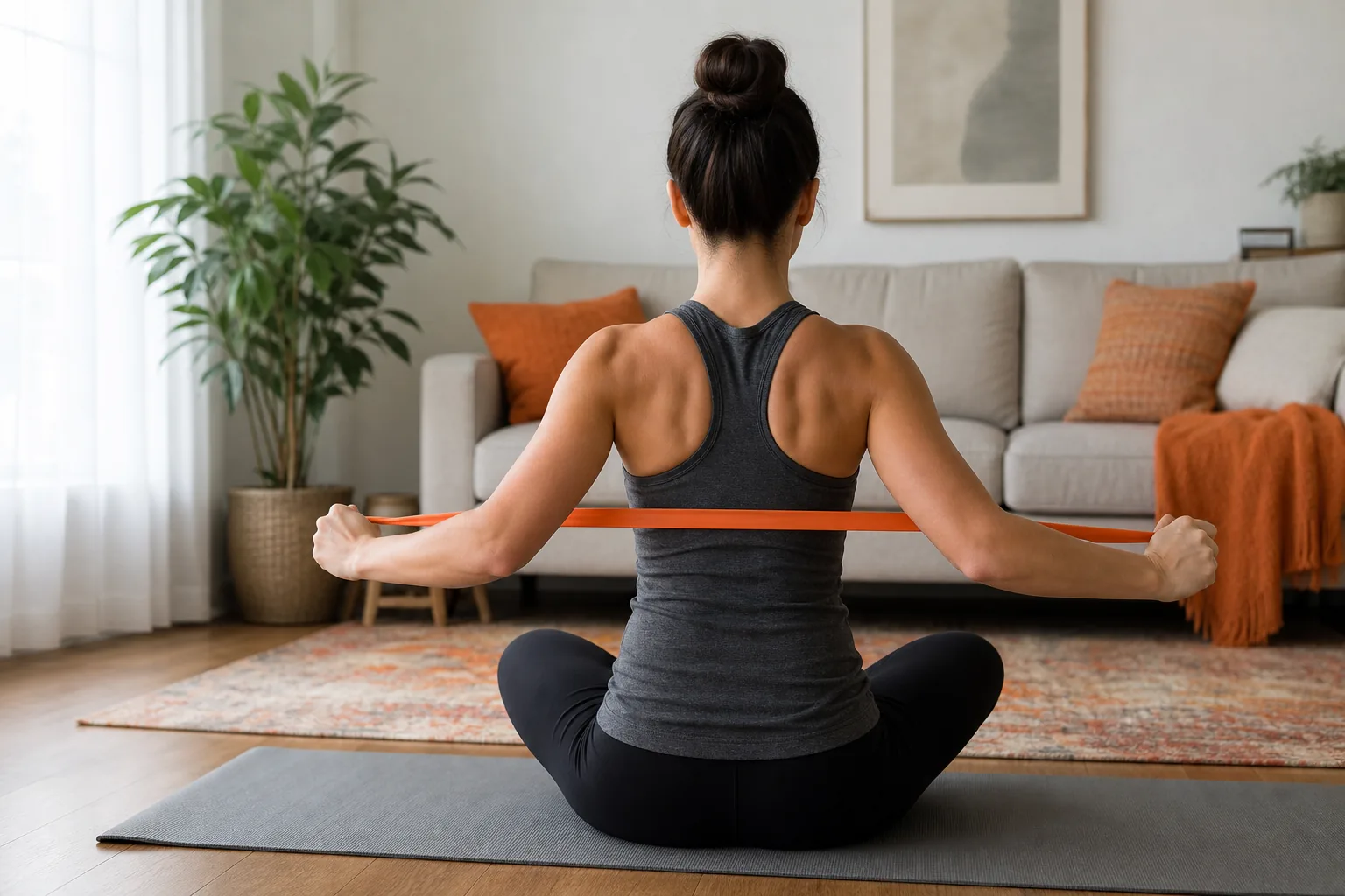 A realistic photo of a person performing shoulder blade and upper back strengthening exercise, with proper posture in a