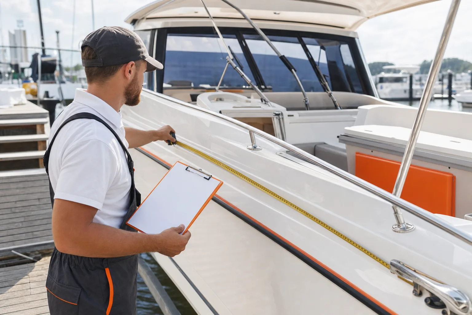 Measuring boat length and work areas before estimating boat detailing prices.