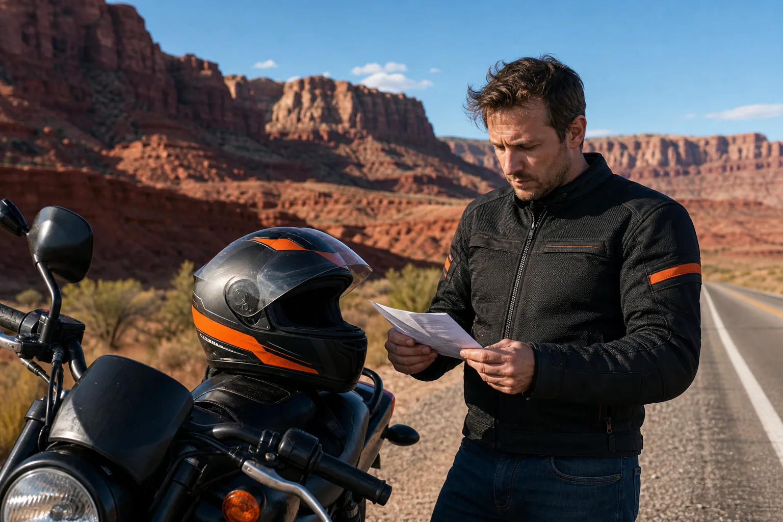 Utah motorcycle rider reviewing helmet law details beside a road