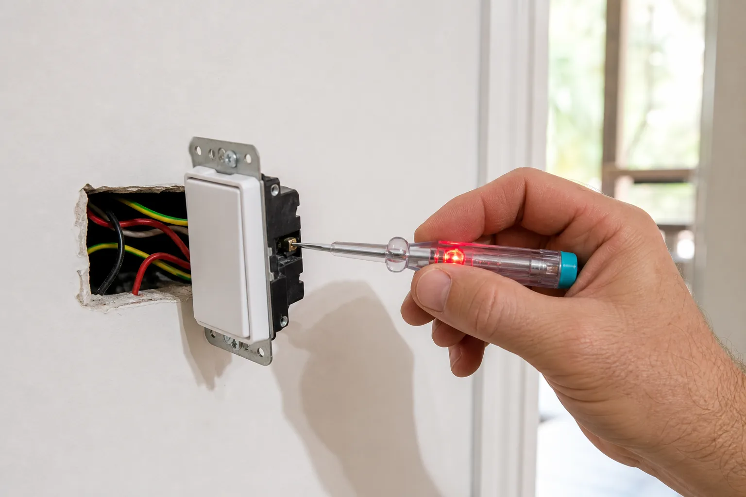 Voltage tester confirming live voltage on new light switch