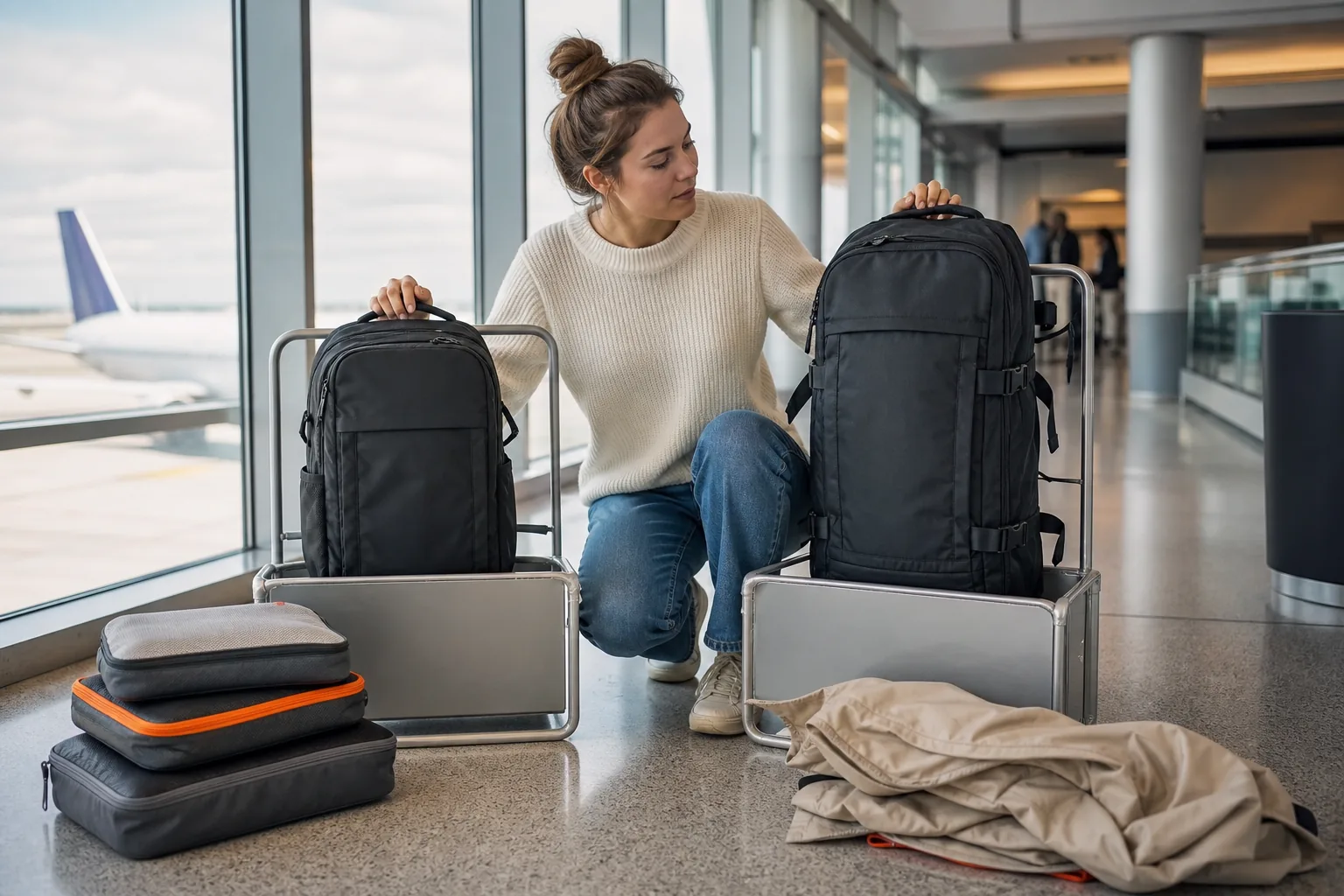 Woman comparing carry-on backpack capacity and airline size limits.