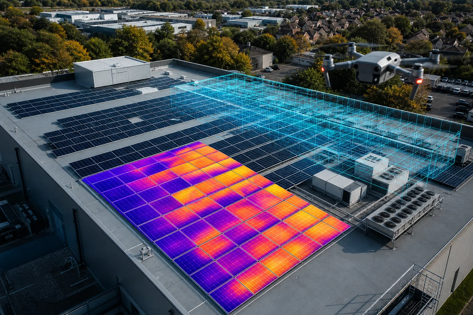 "Drone‑based solar PV testing on a commercial roof with thermal imaging and 3D mapping"
