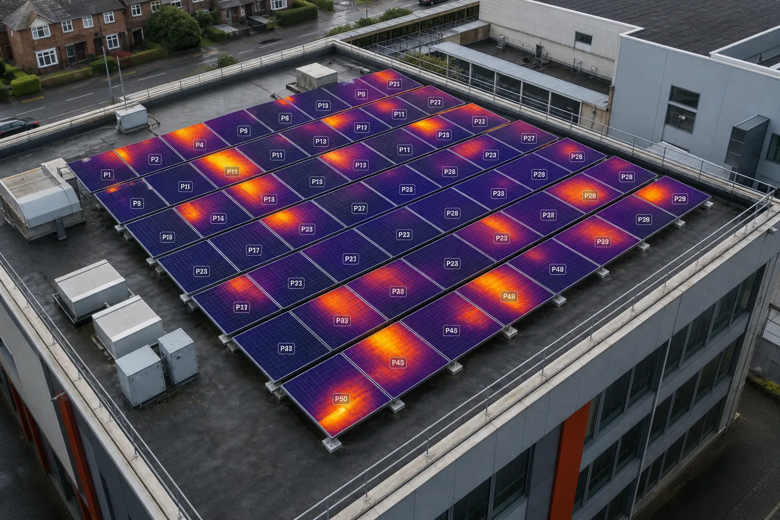 "3D solar PV inspection report with thermal hotspots highlighted"