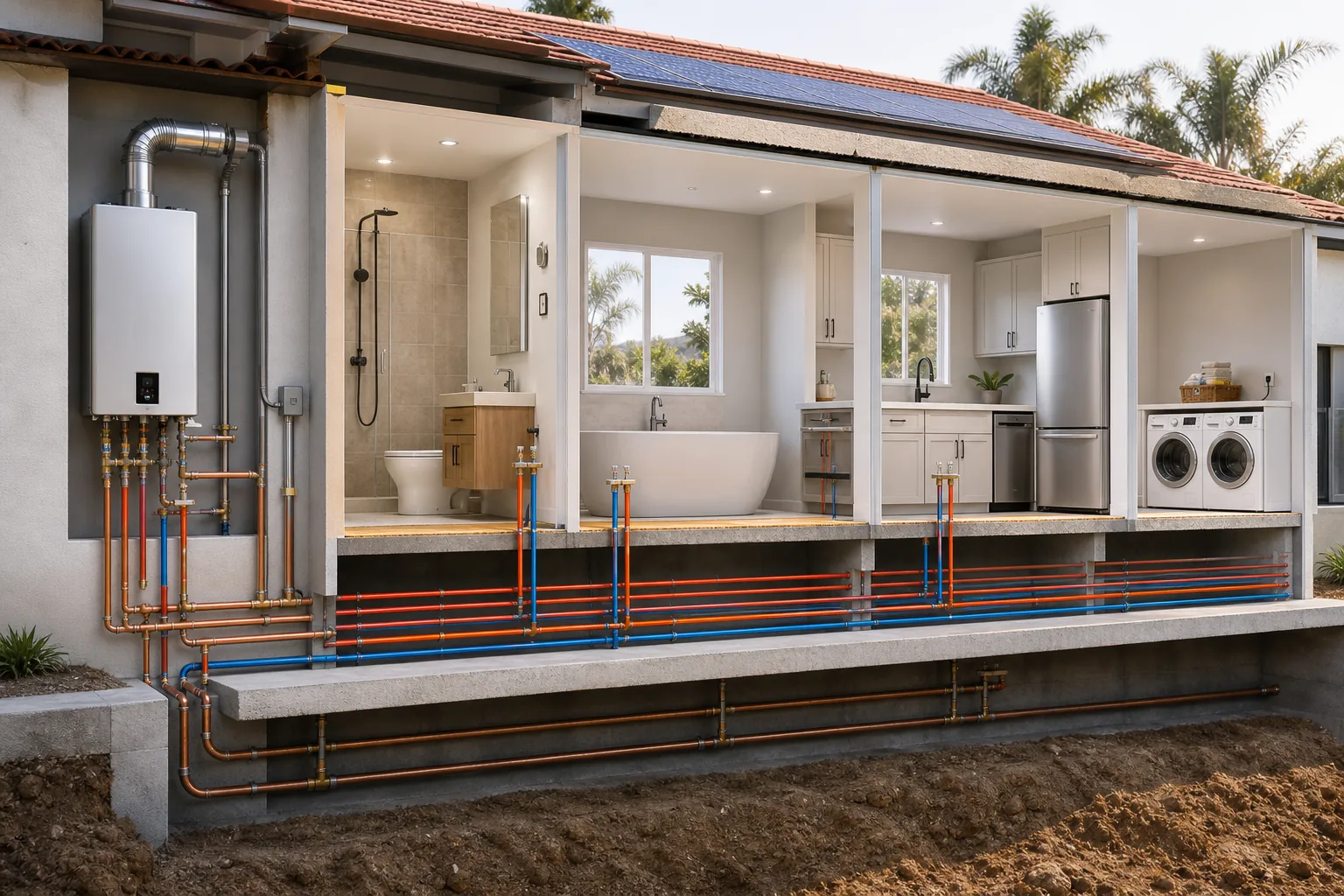 A photorealistic diagram of a whole‑home tankless water heater layout, showing pipe runs to multiple bathrooms, kitchen, and