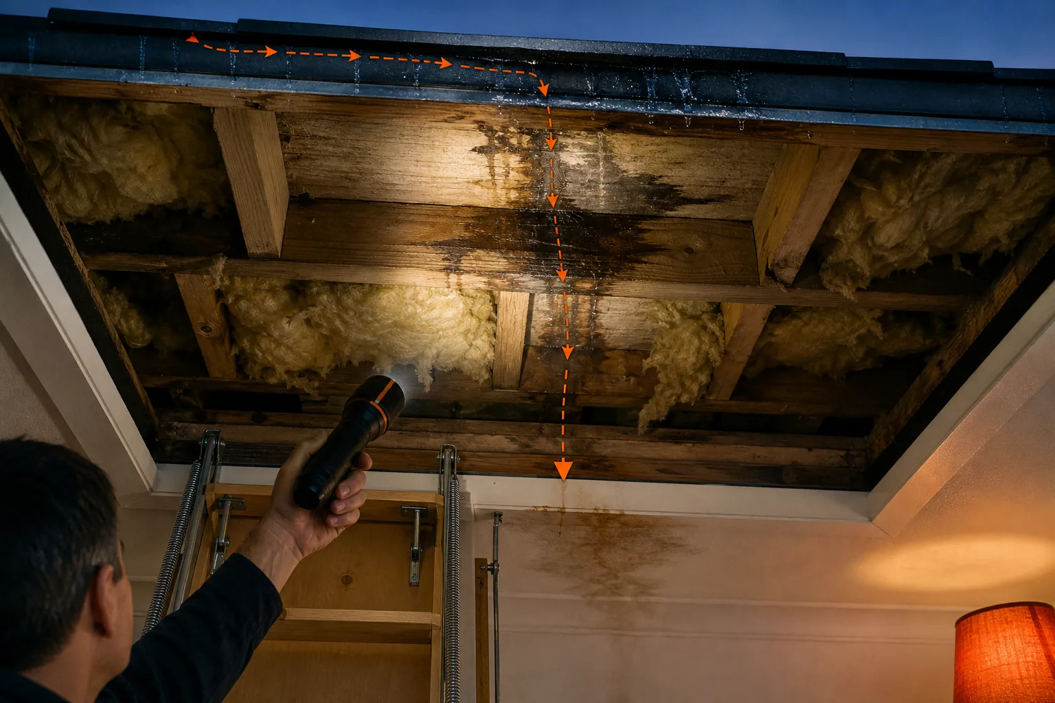 A realistic view of a loft with a ladder, flashlight beam highlighting damp timber and insulation under a flat roof, showing