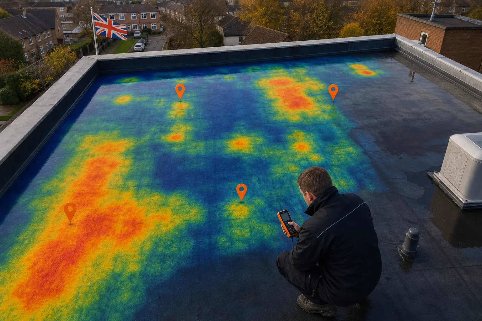A realistic aerial view of a flat roof with overlaid thermal heat‑map showing warm spots, GPS pins and a technician holding