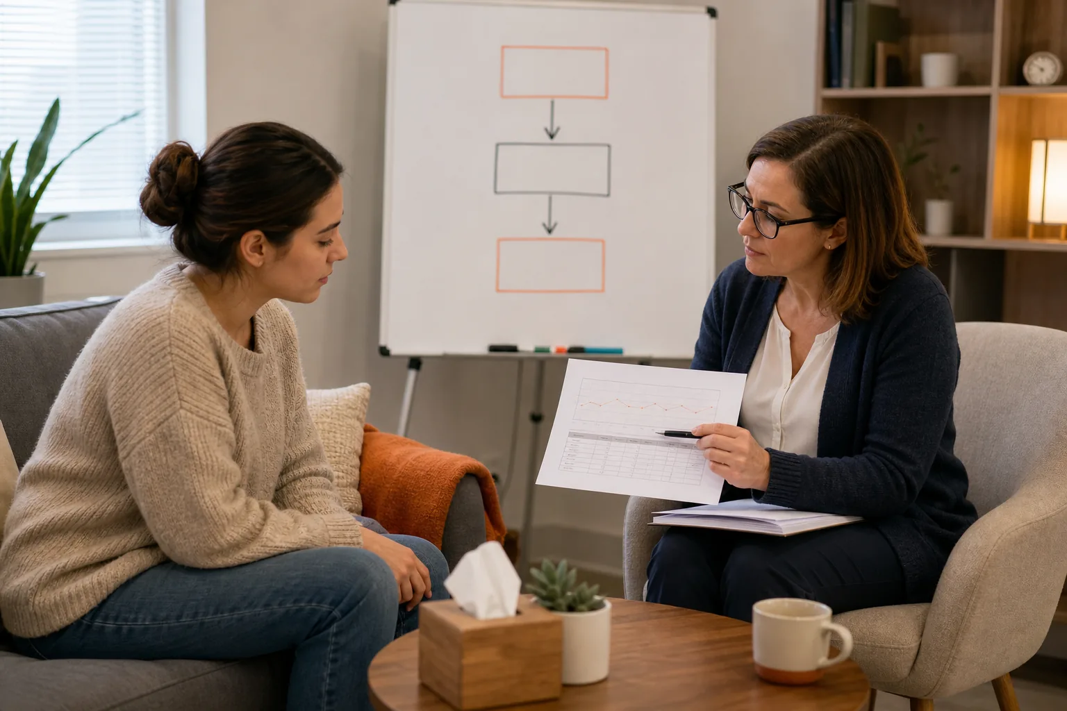 Therapist reviewing anxiety pattern with client