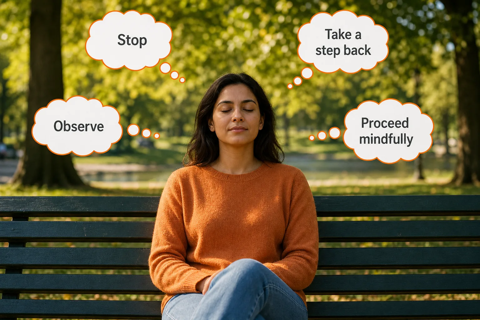 Person using STOP skill in a calm outdoor setting
