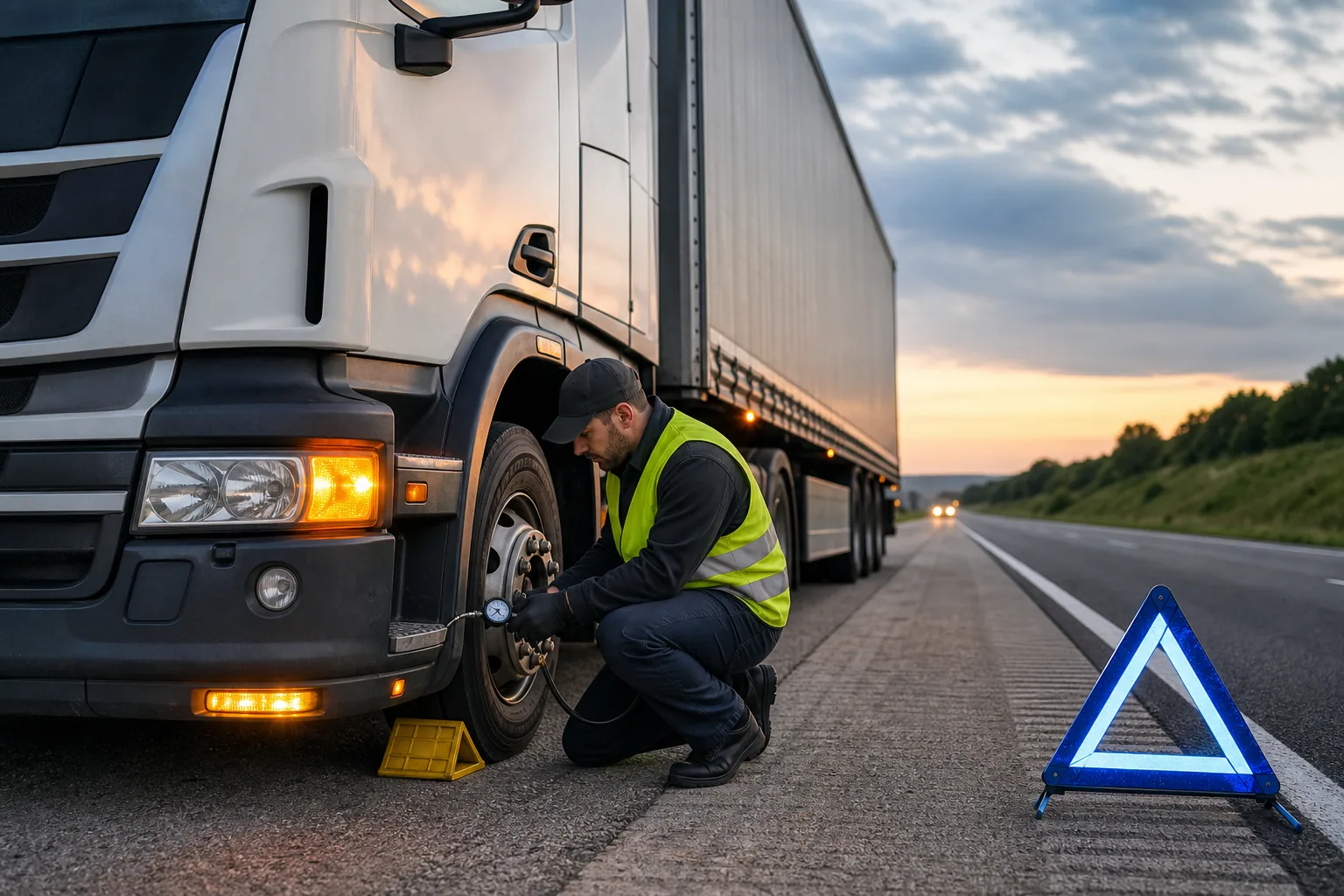 "18 wheeler tire repair safety scene"