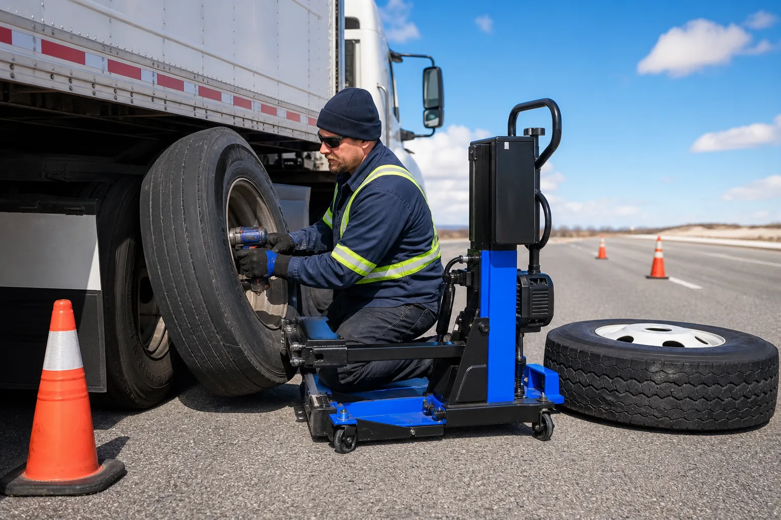 Mobile tire repair on a semi‑truck.
