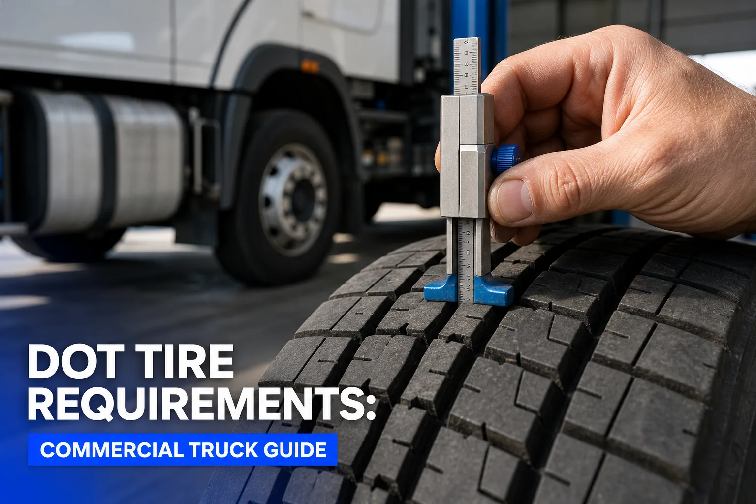 A realistic close‑up of a commercial truck tire tread being measured with a calibrated gauge, showing the gauge readout in