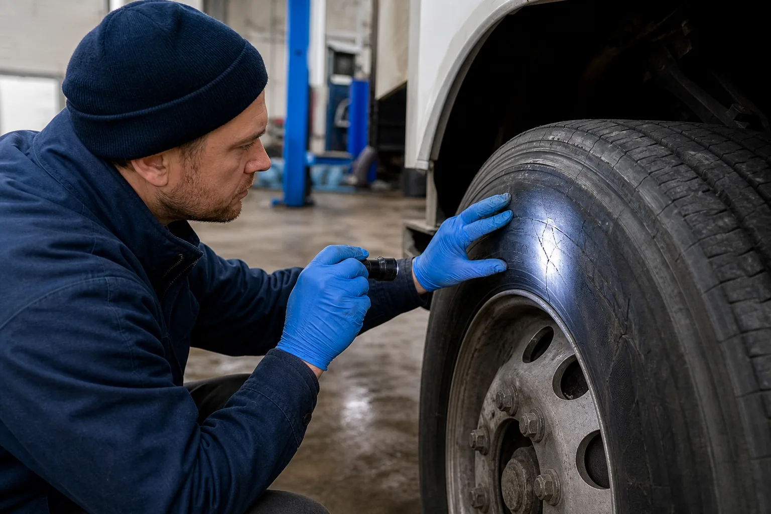 A realistic scene of a technician examining a commercial truck tire sidewall for cuts and exposed cords, using a flashlight