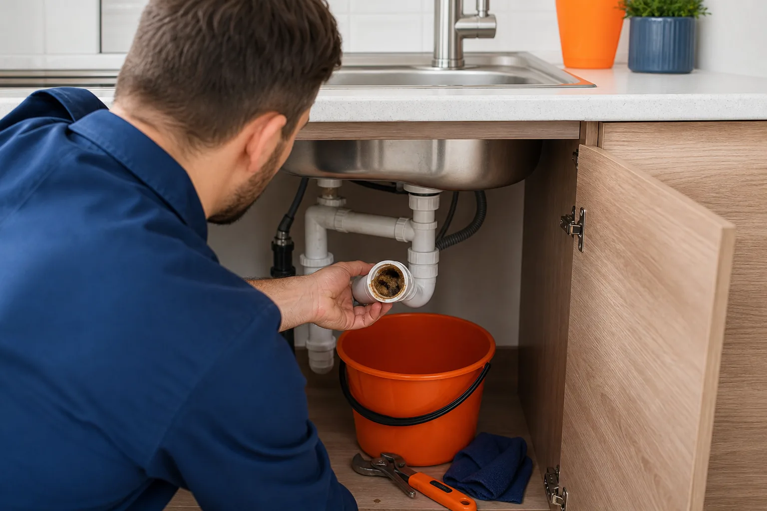 A realistic photo of a homeowner inspecting a kitchen sink drain, looking at a clogged pipe, with orange and blue accents