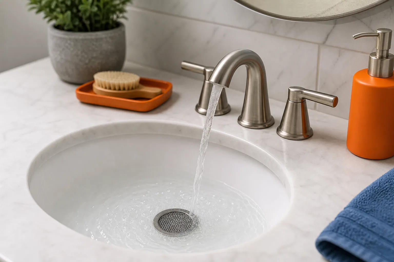 A realistic scene of a well‑maintained home bathroom drain with a mesh screen in the sink, showing clean, clear water flow