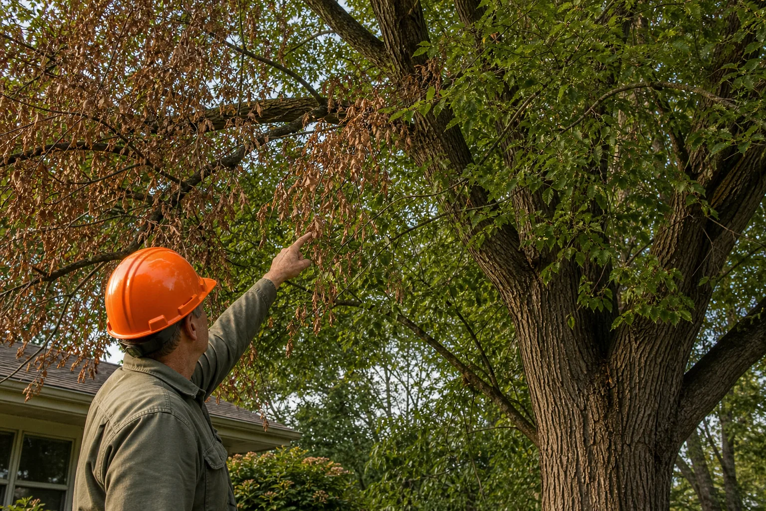 Dutch Elm Disease Treatment: Steps to Save Trees 1 Arborist assessing wilted elm branches for Dutch elm disease symptoms.