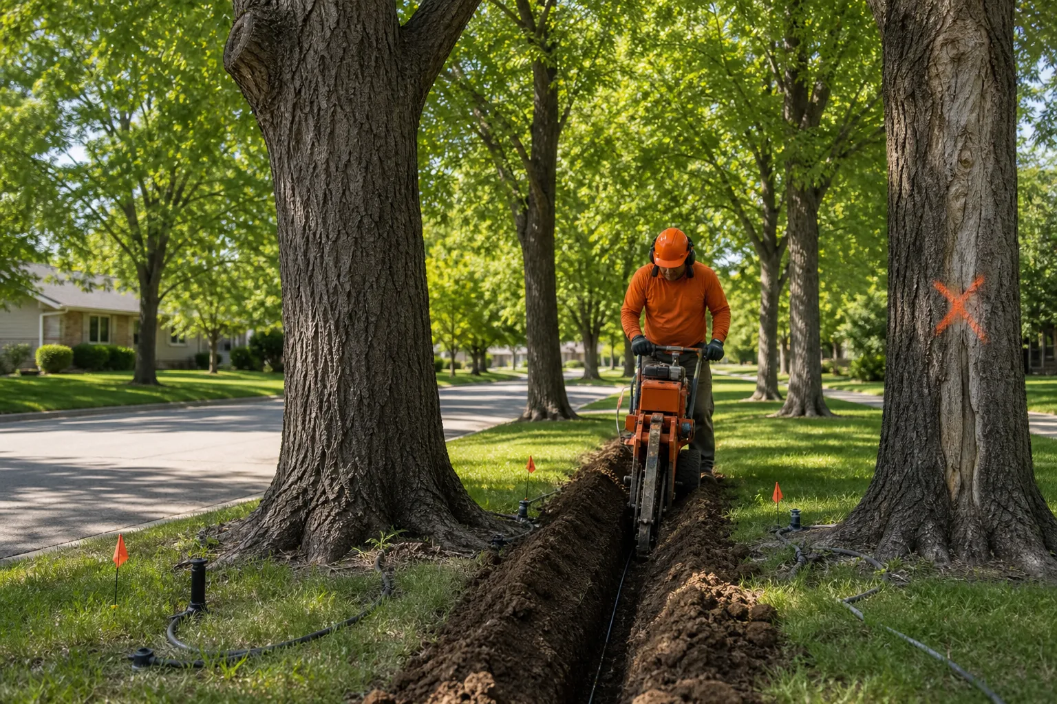 Dutch Elm Disease Treatment: Steps to Save Trees 2 Professional root-graft barrier work between elm trees.
