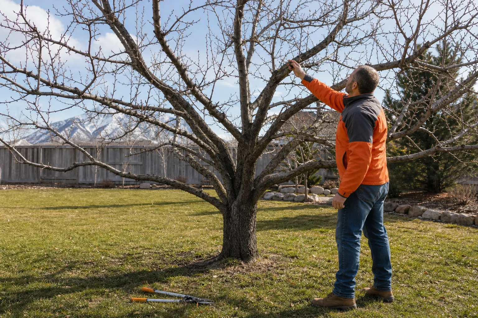 How to Prune Pear Trees: Step-by-Step Guide 1 homeowner inspecting a pear tree before spring pruning